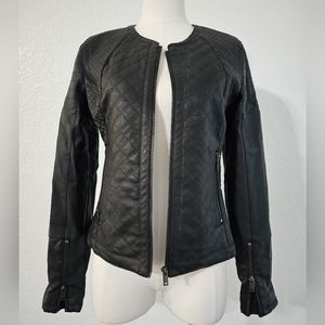 Women's Size S Black Faux Moto Leather Jacket Quilted Zip Pocket Fitted